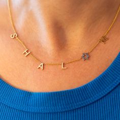 "SHALOM Letter Necklace, Charm Necklace with Star of David, Jewish gold necklace, 14k gold letter necklace with sapphires or diamonds, Bat Mitzva gift, Birthday gift. ✦ This is an exclusive design by Sivan Lotan ✦ This unique piece replaces the 'O' in \"Shalom\" with the enduring Star of David, adorned with your choice of sparkling diamonds or deep-blue sapphires. This necklace transcends ordinary jewelry, becoming a statement of faith and a radiant expression of inner serenity. Each letter reso Necklace Star, Gold Letter Necklace, Gold Letter, Radiant Diamond, Necklace Charm, Letter Charms, Gold Letters, Star Of David, Lovely Jewellery