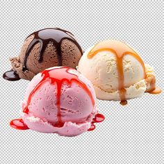 three different types of ice cream on a transparent background