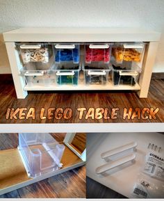 the ikea lego table hack is organized with plastic containers