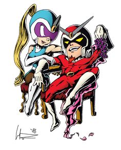 two cartoon characters sitting next to each other on a chair with their arms around one another