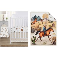 a baby crib bedding set with an image of a cowboy riding a horse