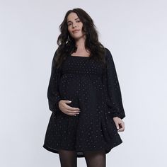 Style and comfort for every trimester, this women's mini babydoll dress from Motherhood is a maternity wardrobe essential. Click this MATERNITY & NURSING GUIDE to find the perfect fit and more! Style and comfort for every trimester, this women's mini babydoll dress from Motherhood is a maternity wardrobe essential. Click this MATERNITY & NURSING GUIDE to find the perfect fit and more! FEATURES Squareneck Long sleeves Smocking on the front and back for extra support Bishop sleeves Woven satin con Fitted Maternity Dress With Smocked Back, Maternity Wardrobe Essentials, Pregnancy Wardrobe, Maternity Nursing, Gold Dots, Babydoll Dress, Pullover Styling, Smocking, Baby Dolls