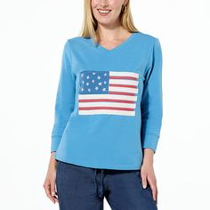 G by Giuliana Americana French Terry Knit Top The ultimate salute to summertime style, this Americana-inspired top from Diane Gilman brings patriotic vibes to every BBQ, vacation spot, and long-weekend summer celebration. American Flag Print Cotton Top For Beach, Casual Beach Tops For 4th Of July, Casual Tops For 4th Of July Beach Outing, Summer V-neck Tops With American Flag Print, V-neck Tops With American Flag Print For Summer, American Flag Print V-neck Tops For Summer, Casual Blue Tops With American Flag Print, Patriotic V-neck Summer Tops, Spring Americana Long Sleeve Tops