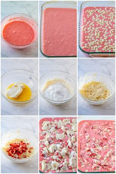 the steps to make this cake are shown in six different stages, including frosting and sprinkles