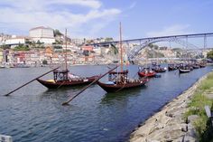 several boats are docked in the water near a bridge and some buildings on the other side