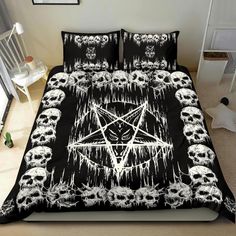 a bed with skulls on it and a pentagramus symbol in the middle is shown