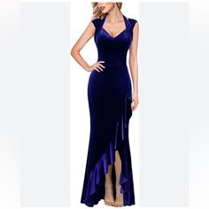 Vfshow V Halter Neck Ruffle Accent High Split Formal Cocktail Wedding Maxi Dress. Velvet Feel. Made Very Well. Glamour And Gorgeous Navy Blue. Hidden Zip In Back. Women’s Size Xs. Stretchy. 15 Inches Pit To Pit. 57 Inches Long. Measurements Are Approximate. Nwt. New To Poshmark? Please Sign Up Using Our Code Jaxxandgee And Redeem $10 Off Your First Purchase! Blue Ruffled Evening Dress For Banquet, Royal Blue Ruffled Evening Dress, Royal Blue Ruffled Dress For Wedding, Fitted Blue Evening Dress With Ruffles, V-neck Ruffled Evening Dress For Banquet, Blue V-neck Evening Dress With Ruffles, Blue V-neck Ruffle Evening Dress, Elegant Blue Evening Dress With Ruffles, White Crochet Halter Top