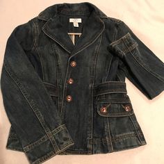 Nwot. Never Worn, Perfect Condition. Dark Blue Jean Jacket, Vintage Denim Look. Large Lapel With Three Front Buttons. Pocket On Each Side Of Front Panel With Buttons Fall Medium Wash Blazer With Pockets, Fitted Medium Wash Blazer For Spring, Casual Medium Wash Blazer For Spring, Casual Spring Blazer, Spring Blazer With Buttons In Dark Wash, Fitted Casual Denim Blue Blazer, Casual Medium Wash Blazer For Fall, Casual Fall Denim Blazer, Casual Denim Blazer For Fall