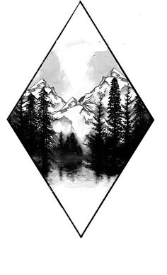 a black and white drawing of mountains with trees