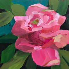 a painting of a pink rose with green leaves