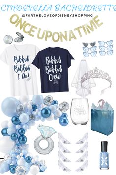 blue and white items with the words once uponatine