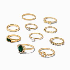 Claire's Gold-tone & Emerald Bow Mixed Rings - 10 Pack Claires Rings, Mixed Rings, Royalty Core, Piercing Kit, Fashionable Jewelry, Demi Fine Jewelry, Clear Crystals, Jewelry And Accessories, 14kt Gold