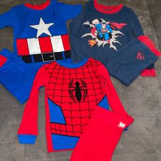 Spider-Man And Captain America Look Brand New. All The Same Size Casual Red Sets For Sleepover, Red Casual Sets For Sleepover, Playful Red Tops For Sleepovers, Playful Red Tops For Sleepover, Playful Red Tops For Loungewear, Red Cotton Sets With Character Print, Red Cotton Bedtime Tops, Spider Man Pjs, Spiderman Pajama Pants