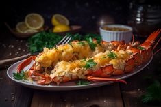 cooked lobster on a plate with parsley garnish and lemon wedges next to dipping sauce