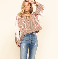 100% Cotton Bell Sleeves V-Neckline Hi-Low Hem Pattern Print New With Tags Bohemian V-neck Top With Boho Print, Flowy V-neck Printed Tops, Bohemian Printed V-neck Tops, Bohemian Flowy V-neck Top, Flowy V-neck Top For Fall, Spring Relaxed Fit Long Sleeve V-neck Top, Casual Flowy Tops With Split Neck, Flowy Casual Tops With Split Neck, Printed Flowy V-neck Tops