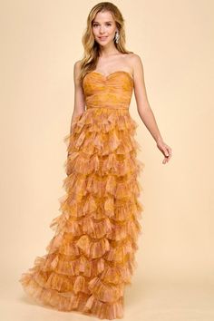 Mustard Multi Strapless Ruffle Layered Maxi Dress Strapless Ruffle Dress For Prom Season, Chic Strapless Ruffled Dress For Gala, Strapless Ruffled Dress With Sweetheart Neckline For Gala, Ruffled Strap Dress For Prom Season, Tiered Strapless Dress With Ruffles For Wedding, Chic Strapless Dress With Ruffles For Gala, Strapless Ruffle Dress For Prom, Strapless Ruffled Dress For Prom, Strapless Ruffled Maxi Dress For Wedding