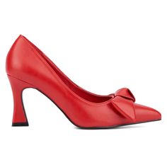 Introducing our sophisticated Tamrina heel. Crafted with meticulous attention to detail, these heels feature a sleek silhouette that elongates the legs, while the heel ensures comfort and grace with every step. The dainty bow detail adds a touch of whimsy and refinement, making them perfect for both professional settings and special occasions. Red 4-inch Heel Kitten Heels For Formal Occasions, Red Slingback Pumps With Ankle Strap And 4-inch Heel, Elegant Red Slingback Pumps With 4-inch Heel, Red Kitten Heels With 4-inch Heel, Trending Heels, Red Synthetic Heels With 4-inch Heel, Faux Leather Heels, Closed Toe Shoes, Shoes Heels Pumps