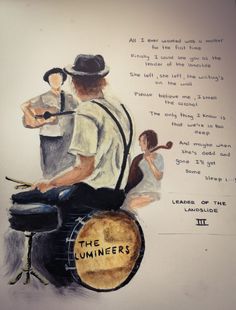 a drawing of a man sitting on top of a drum next to a woman holding a guitar