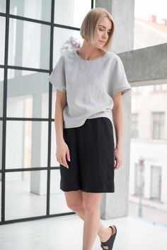 "Comfort in a stylish way is guaranteed wearing these basic linen shorts. A perfect choice for a hot summer, active days, and every moment you wish efortless, feminine look. DETAILS - Side seam pockets - Wide, comfortable elastic waistband - Mid-length to fall above the knee - 100% midweight (185 g/m2) European softened (washed) linen fabric - Oeko Tex certified linen - Cut and sewn to order just for you in our studio - Various colors - Color shown in the photo is black - We can add a free Color Black Linen Bottoms For Summer, Black Linen Summer Bottoms, Relaxed Short Summer Tops, Casual Linen Shorts For Spring, Black Linen Shorts For Spring, Relaxed Linen Shorts For Summer, Relaxed Solid Color Summer Shorts, Relaxed Solid Color Shorts For Spring, Casual Linen Bermuda Shorts With Relaxed Fit