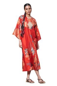 Red bemberg silk kimono dress with floral digital print and sequins hand embroidered yoke. - Aza Fashions Silk Kimono Dress, Floral Digital Print, Print Kimonos, Silk Kimono, Kimono Dress, Dress For Women, Flared Sleeves, Dress Pattern, Aza Fashion