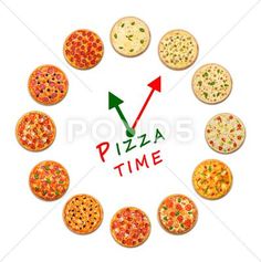 pizzas arranged in a circle with the word pizza time written on it and an arrow pointing to them