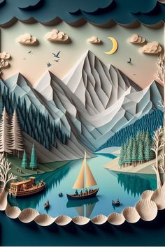 a paper cut landscape with boats and mountains