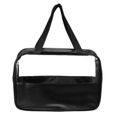 a black handbag on a white background with the handle hanging down and it's pocket open