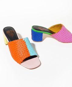 Who is she? If you loved Lenu, you probably like color. And if you like color, you'll definitely love Katie Kortman, which is exactly why we asked her to be our second-ever CS Color Muse™ and color everyone's favorite multicolor shoe. She's still hand-woven in India using soft multi-toned Nappa leather from her upper to her 2.5" heel, and she's still equal parts statement shoe and jeans-and-tee slide, but this time, she's in every color Katie could possibly imagine. Click here to get to know the Modern Multicolor Open Toe Heels, Multicolor Open Toe Modern Heels, Multicolor Slip-on Heels For Spring, Casual Multicolor Slip-on Heels, Multicolor Leather Sole Sandals For Spring, Multicolor Sandals With Leather Sole For Spring, Multicolor Flat Heel Heels For Spring, Multicolor Open Toe Heels With Contrasting Heel Counter, Spring Multicolor Low Heel Sandals