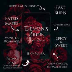 the cover for demon's bride, which features red roses and black text with arrows pointing