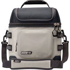 the cooler bag is white and black with grey trimmings on the bottom side