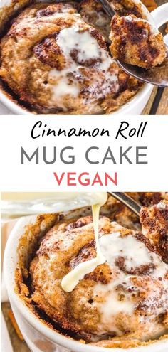 cinnamon roll mug cake is being drizzled with icing and served in a white bowl