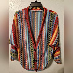 Never Worn - Rainbow - Boho Hippy Retro Weave Zigzag Striped Button Up Cardigan - Rainbow - Half Sleeve Trendy Multicolor Sweater With Button Closure, Multicolor Button-up Sweater For Spring, Spring Multicolor Button-up Sweater, Multicolor Button-up Cardigan For Winter, Multicolor Button-up Winter Cardigan, Winter Multicolor Button-up Cardigan, Multicolor Button-up Sweater With Buttons, Multicolor Button-up Cardigan For Fall, Multicolor Retro Cardigan With Buttons