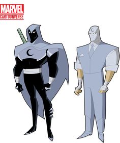 two cartoon characters are standing next to each other, one is wearing a suit and the other has a cape