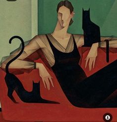 a painting of a woman sitting on a red couch with a black cat