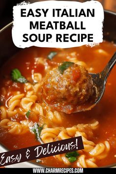 Delicious Easy Italian Meatball Soup featuring meatballs in rich tomato broth with veggies and pasta, captured in one vibrant image for a charming kitchen recipe inspiration. Italian Pasta Soup Recipes, Easy Italian Meatballs, Comforting Soup