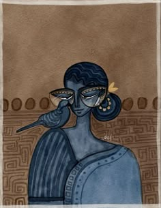 a painting of a woman with a bird on her shoulder and two birds perched on her head