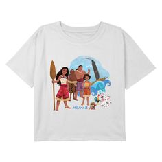 Join Moana and Maui once again as Moana answers the call from her ancestors to journey through the dangerous seas of Oceania to connect her people! Get in on the adventure with all new officially licensed apparel for the whole family from Moana 2! This Girls' Moana 2 Wayfinder Crew Waves Cropped T-Shirt features an amazing graphic of Moana with her latest adventure crew Loto, Moni, Kotu, and Kele, as well as her trusted friends Pua and Heihei with the movie logo printed below. Moana And Maui, Moana 2, Movie Logo, Sleeve Packaging, Cropped T Shirt, Kids Outfits Girls, Fabric Names, Moana, Crop Tshirt