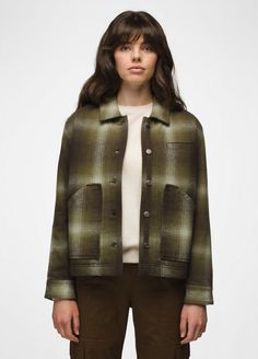 Bridges Flannel Jacket | prAna Scarf Pocket, Flannel Jacket Women's, Eco Club, Organic Cotton Yarn, Flannel Jacket, Front Hand, Plaid Coat, Shank Button, Womens Shirt