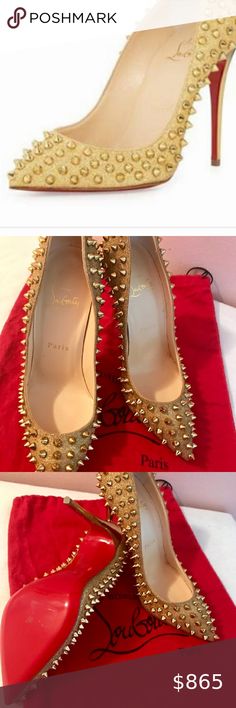 SHOES CHRISTIAN LOUBOUTIN SIZE 7 Shoes Heels Elegant Gold Heels With Spikes, Gold Leather Heels With Red Sole, Designer Gold Almond Toe Heels, Christian Louboutin Pumps, Shoes Women Heels, Limited Time, Christian Louboutin, Shoes Heels, Size 7