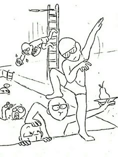 a cartoon drawing of a man hanging upside down on a ladder with other people around him