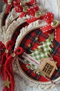 a christmas ornament is sitting on top of a doily with red and green plaid