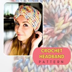 a woman wearing a multicolored headband with the text crochet headband pattern