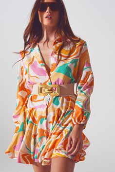 Turn heads in our Psychedelic Printed Dress in Multicolor, made from 100% Polyester. This mini-length dress features an abstract print, polo collar, long sleeves, and a pleated design for a stylish daily look. Model measurements: 33-24-35, height: 5'8''. Complete your outfit with the included same-fabric belt and tie waist. Shop now! Illustration Indian, Abstract Print Dress, Abstract Dress, Multicolor Dress, Made Clothing, Fabric Belt, Fashion Today, Printed Dress, Daily Look