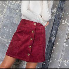 Wine Corduroy A-Line Button Front Mini Skirt Tts 100% Polyester Imported Corduroy Mini Skirt, Woman Dress, Red Flowers, Lady In Red, Red Wine, Mini Skirt, Womens Skirt, A Line, Mini Skirts