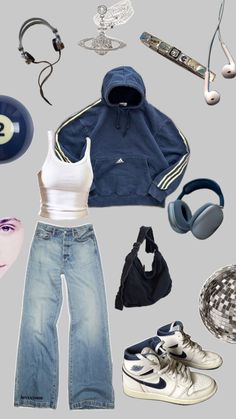 an assortment of clothing and accessories arranged in the shape of a ball, tennis racket, cap, headphones, sunglasses, bracelets