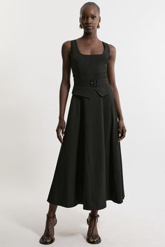 Feel Elegant In Our Midaxi Dress, With A Universally Flattering Silhouette, A Long Skirt That Creates Flowing Movement, And A Squared Neckline That Accentuates The Bust, Perfect For Getting A Little Dressed Up. The Belted Waistline With A Panel Insert Cinches The Silhouette And Elevates The Formality Even Further. Style This Dress With Strappy Heels For An Outfit That Will Turn Heads From Wedding Guest Days To Upcoming Occasions And Events. Tailored Full Skirted Panel Belted Midi Dress Formal, F Black Belted Dress For Office In Spring, Black Belted Dress For Office And Spring, Chic Square Neck Belted Dress, Fitted Maxi Dress For Office In Summer, Fitted Maxi Dress For Summer Office Wear, Fitted Summer Office Maxi Dress, Fitted Black Belted Dress For Work, Chic Belted Square Neck Dress, Black Midi Length Belted Dress For Work