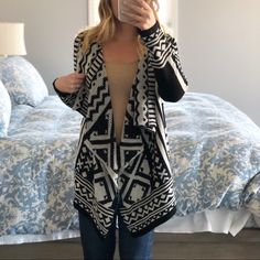 Black And White Tribal Print Open Cozy Cardigan. Medium Runs 6-8, Large Runs 10-12. Offers Welcome. Black Cardigan For Spring, Black Cardigan For Cold Weather In Spring, Black Cardigan For Spring Cold Weather, Black Cardigan For Spring And Cold Weather, Cozy Black Sweater Coat For Spring, Black Open Front Sweater Coat For Winter, Black Cozy Open Front Sweater Coat, Black Open Front Cozy Sweater Coat, Cozy Black Spring Cardigan