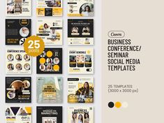 a bunch of social media post templates with yellow and black accents on the front