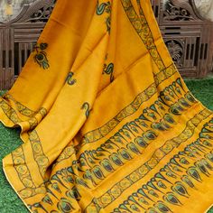 Pakshi - Gamboge Yellow Pure Modal Silk Ajrakh Dupatta - Khinkhwab Traditional Wear With Block Print And Mulmul Fabric, Traditional Mulmul Wear With Block Print, Bohemian Mulmul Traditional Wear With Block Print, Traditional Mulmul Kalamkari Print Wear, Traditional Drape Mulmul Wear With Block Print, Traditional Drape Mulmul Traditional Wear With Kalamkari Print, Traditional Mulmul Kalamkari Wear, Bohemian Chanderi Traditional Wear With Printed Motifs, Navratri Traditional Wear With Printed Border In Mulmul