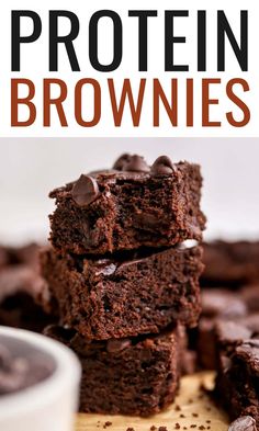 chocolate brownies stacked on top of each other with text overlay that reads protein brownies